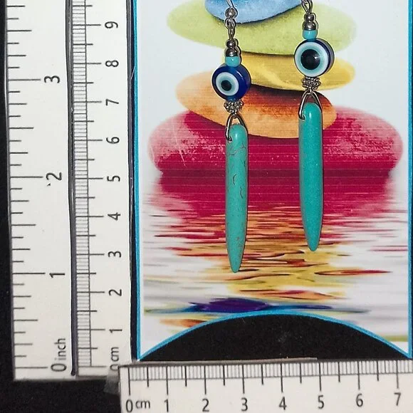 EVIL EYE WARD EARRINGS, BLUE MAGNESITE SPEARS, SILVERY ACCENTS - Picture 6 of 6